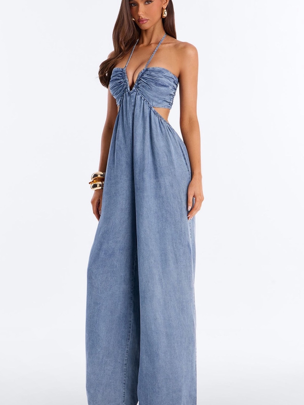 NWTRuched Halter Cutout Maxi jumpsuit in Light Denim Blue